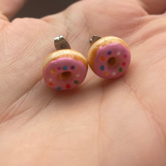 Pink Sprinkle Donut Stud Earrings Handmade ChellePastel Dopamine Jewelry EUC - Picture 8 of 12